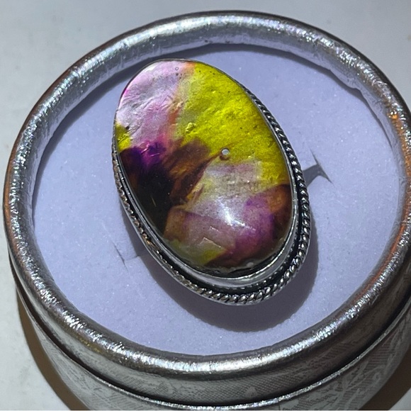 New Artisan Rare Natural Ammolite 925 Sterling Silver Oval Root Chakra Ring - Picture 12 of 13